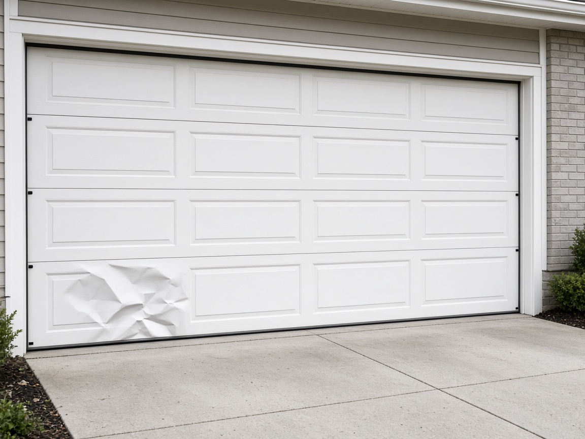 White garage door with a dented lower panel